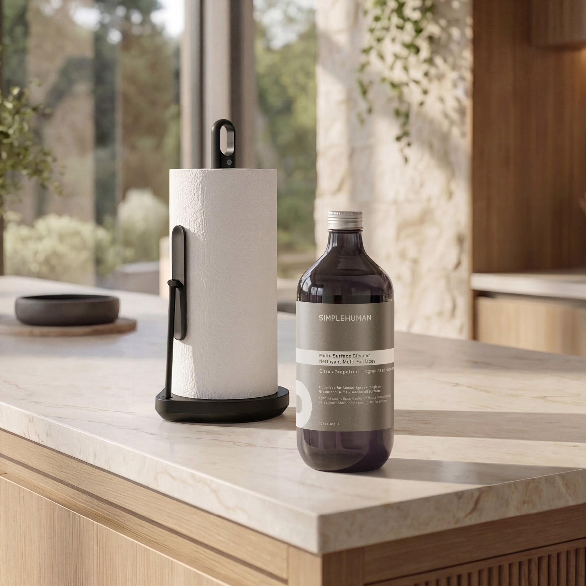 Simplehuman's Paper Towel Holder with Spray with Multi-Surface Cleaner Refill Bottle.