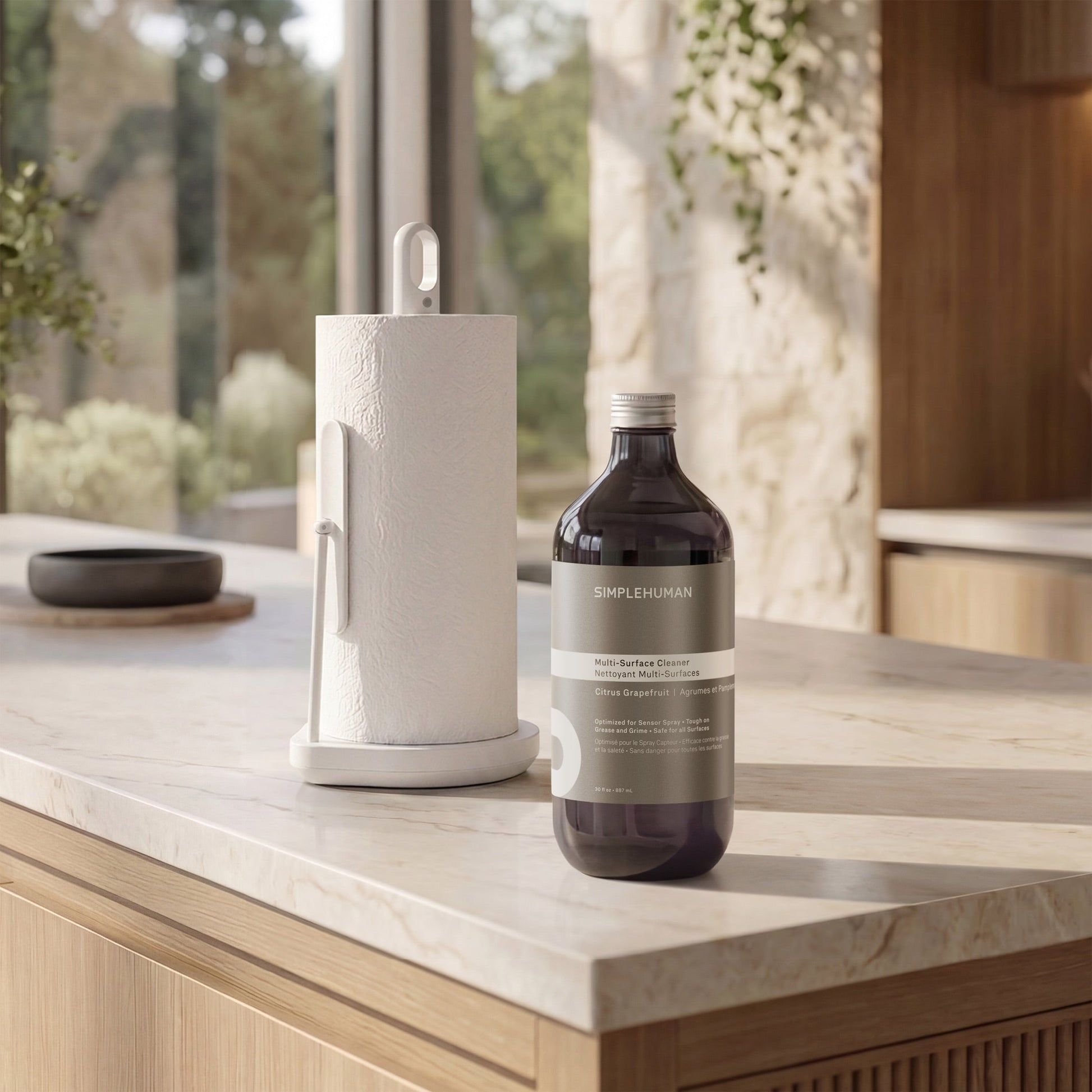 Simplehuman's Paper Towel Holder with Spray with Multi-Surface Cleaner Refill Bottle.