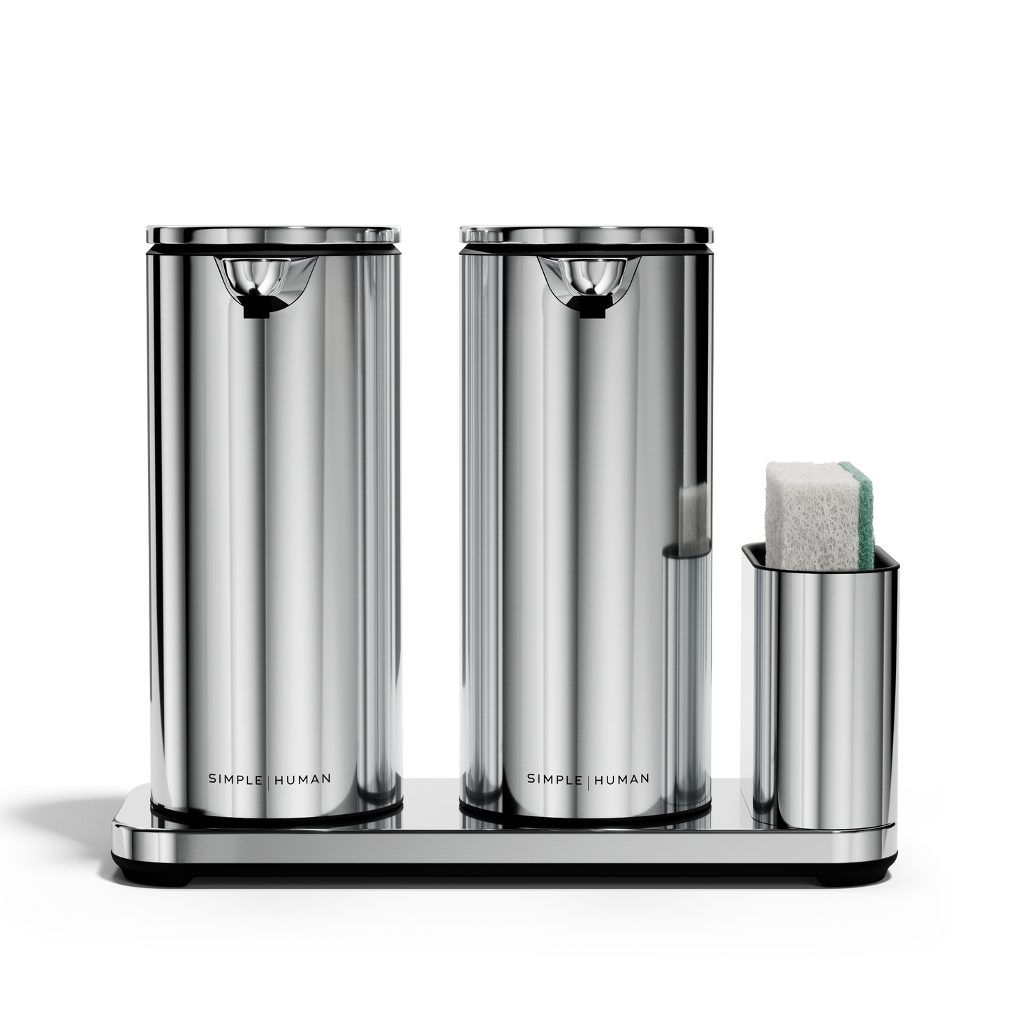 Studio view: Simplehuman Polished Stainless Steel Dual Sensor Pump 14 oz. with Caddy, twin rechargeable hands-free dispensing.