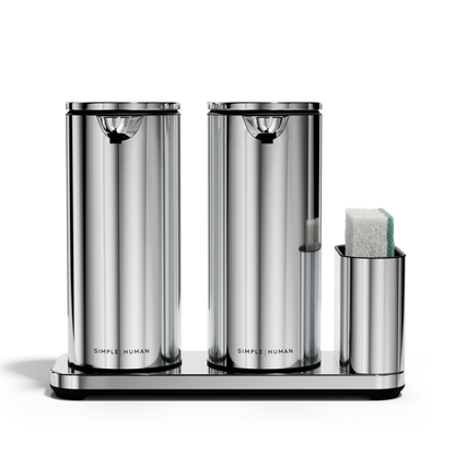 Studio view: Simplehuman Polished Stainless Steel Dual Sensor Pump 14 oz. with Caddy, twin rechargeable hands-free dispensing.