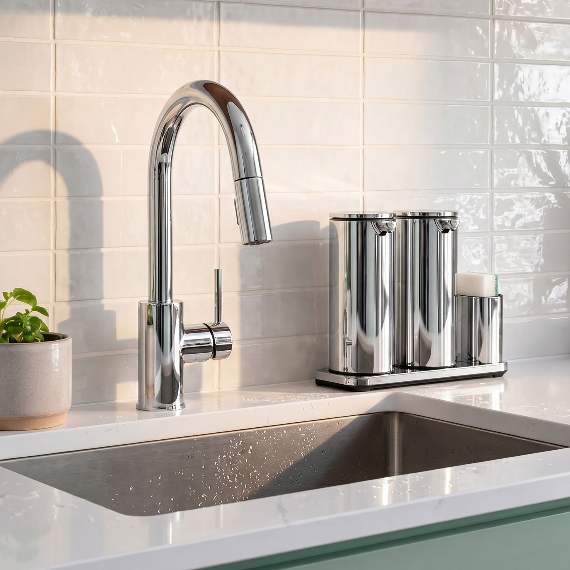 Simplehuman's Dual 14 oz. Sensor Pump in Polished in a modern kitchen setting with marble counter top.