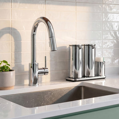 Simplehuman's Dual 14 oz. Sensor Pump in Polished in a modern kitchen setting with marble counter top.