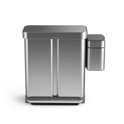 Simplehuman Brushed Stainless Steel Shredder and dual step can, hands-free foot pedal operation.
