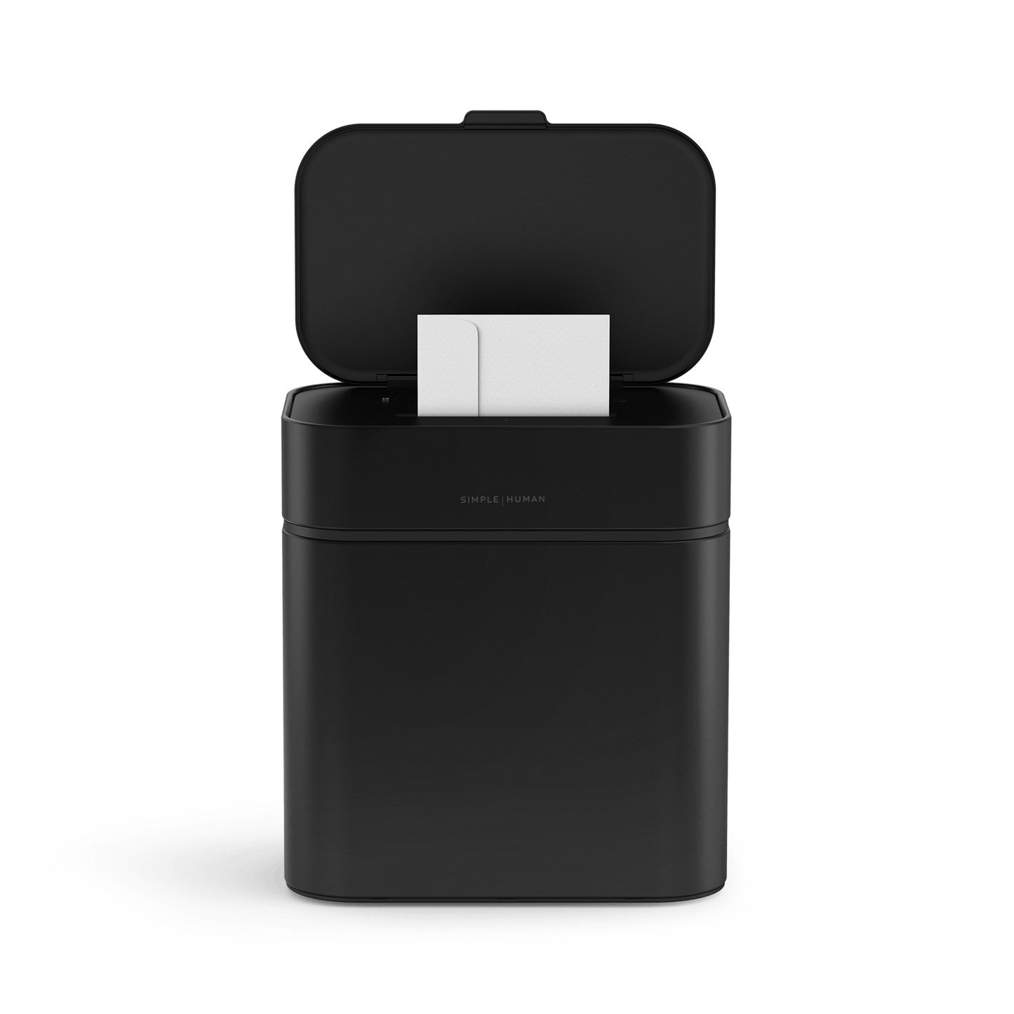 Simplehuman Matte Black Shredder, open lid view showing envelope feed for sensor operation.
