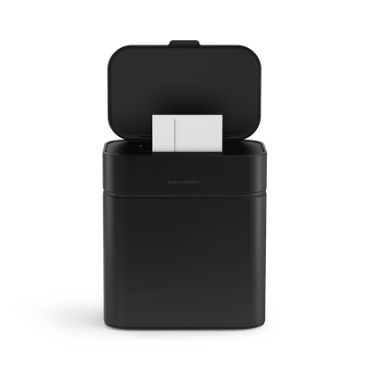 Simplehuman Matte Black Shredder, open lid view showing envelope feed for sensor operation.