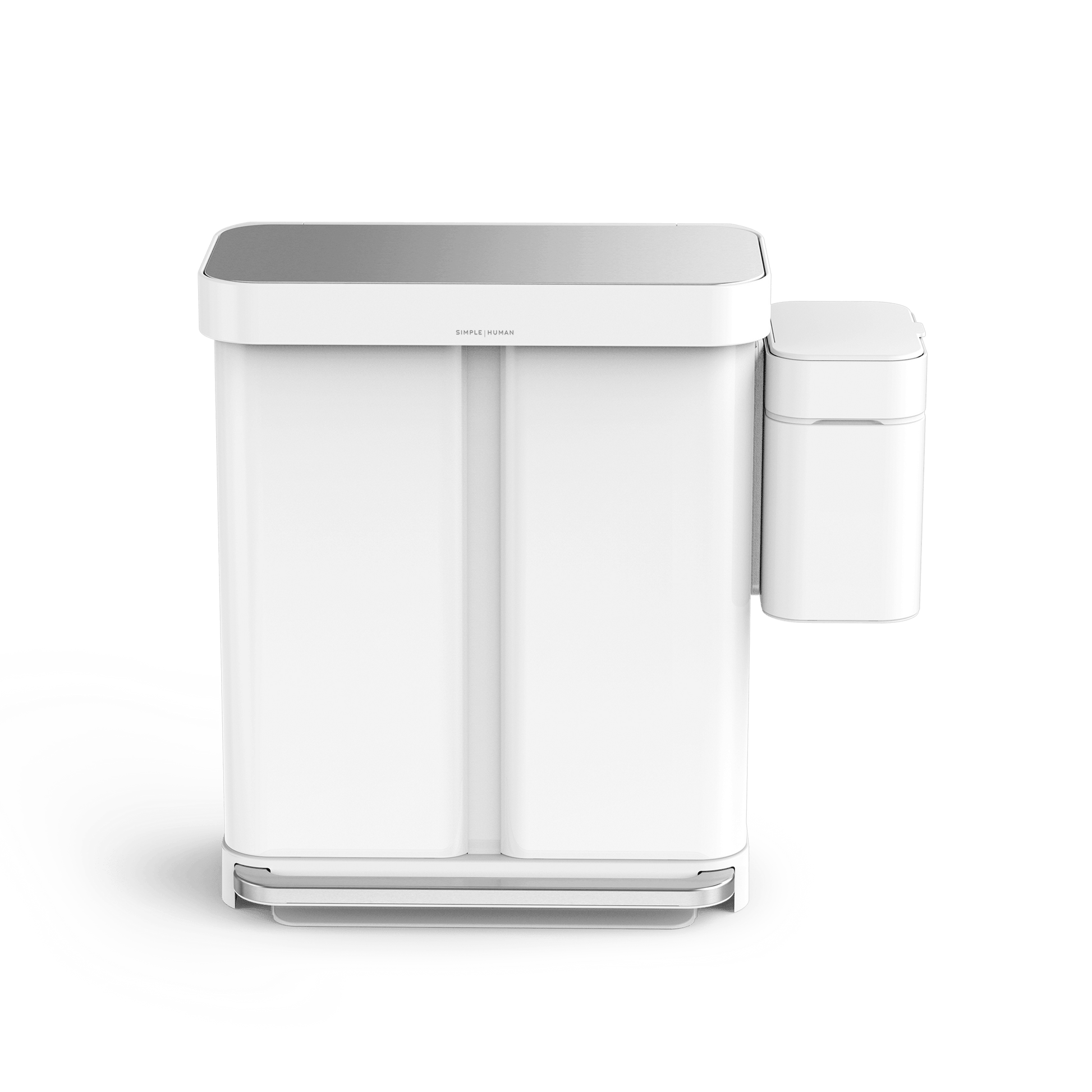 Simplehuman White Dual Step Can and Shredder combo, hands-free foot pedal and touch-free sensor operation.
