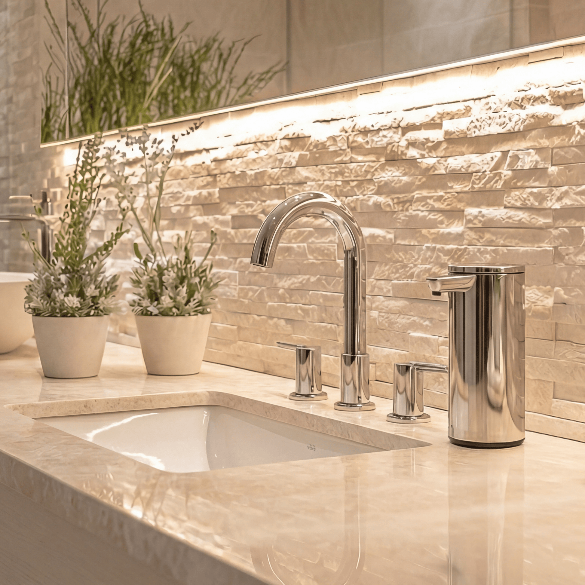 Simplehuman's 9 oz. Liquid Sensor Pump in Polished in a modern bathroom setting with marble countertop and polished appliances.