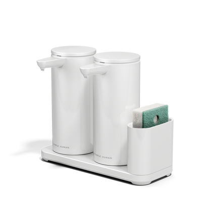 Angled view: Simplehuman White Dual Sensor Pump 14 oz. with Caddy, rechargeable and twin touch-free dispensers.