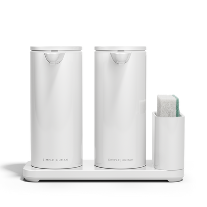 Simplehuman White Dual Sensor Pump 14 oz. with Caddy, rechargeable and twin touch-free dispensers.